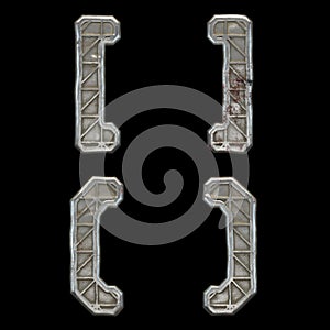 Set of symbols left and right square bracket, left and right parentheses made of industrial metal on black background 3d