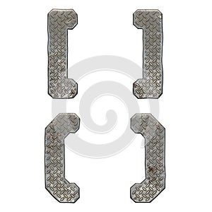 Set of symbols left and right square bracket, left and right parentheses made of industrial metal on white background 3d