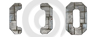 Set of symbols left and right square parentheses, number 0 made of industrial metal on white background 3d
