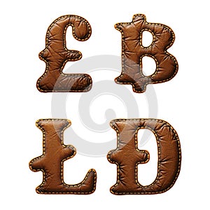 Set of symbols lira, baht, litecoin, dashcoin made of leather. 3D render font with skin texture isolated on white