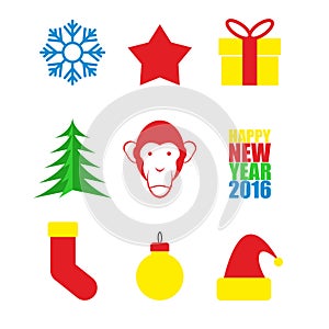 Set Symbols of new year. Christmas tree and monkey. Snowflake a