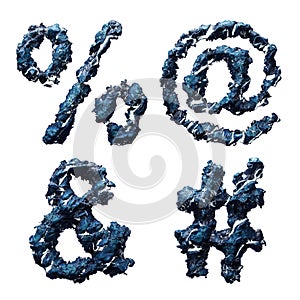 Set of symbols percent, at, ampersand, hash made of ice isolated on white background. 3d