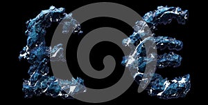 Set of symbols pound and euro made of ice isolated on black background. 3d