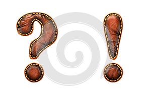 Set of symbols question mark and exclamation mark made of leather. 3D render font with skin texture isolated on white