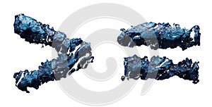 Set of symbols right angle bracket and equals made of ice isolated on white background. 3d