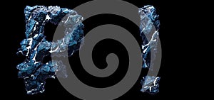 Set of symbols rouble and exclamation point made of ice isolated on black background. 3d