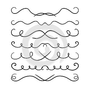 A set of symmetrical vector dividers with swirls, hand-drawn with a black line