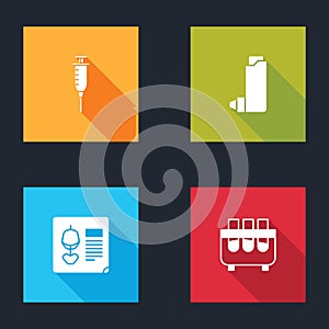 Set Syringe, Inhaler, X-ray shots and Test tube and flask icon. Vector