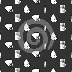 Set Syringe, Medicine bottle and pills, Heart with a cross and Donate drop blood with cross on seamless pattern. Vector