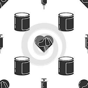 Set Syringe with pet vaccine, Heart with dog and Canned food on seamless pattern. Vector