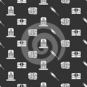 Set Syringe, Stacks paper money cash, Tombstone with RIP written and Package with cocaine on seamless pattern. Vector