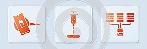 Set Syringe, Wireless charger and Server, Data, Web Hosting. White square button. Vector.