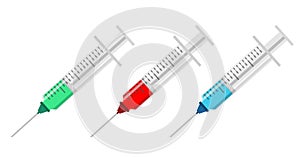 Set of syringes with different fluids and medications.