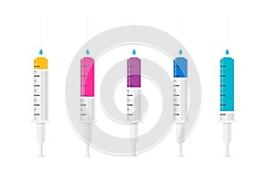 Set of syringes with different level of fluid. Syringes icon in flat style. Medical syringe with needle