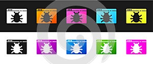Set System bug concept icon isolated on black and white background. Code bug concept. Bug in the system. Bug searching