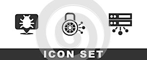 Set System bug, Cyber security and Server, Data, Web Hosting icon. Vector