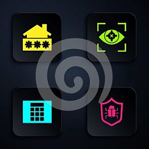 Set System bug, House with password, Password protection and Eye scan. Black square button. Vector