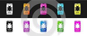 Set System bug on mobile icon isolated on black and white background. Code bug concept. Bug in the system. Bug searching