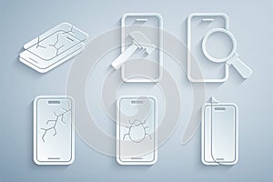 Set System bug on mobile, Phone repair service, Mobile with broken screen, Glass protector, and icon. Vector