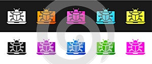 Set System bug on monitor icon isolated on black and white background. Code bug concept. Bug in the system. Bug