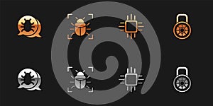 Set System bug, , Processor with microcircuits CPU and Safe combination lock icon. Vector