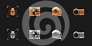 Set System bug, Shield with brick wall, Eye scan and Firewall, security icon. Vector