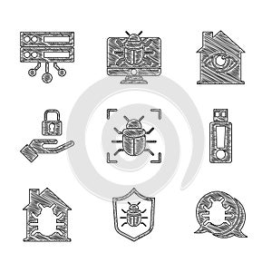 Set System bug, USB flash drive, House system, Lock in hand, with eye scan and Server, Data, Web Hosting icon. Vector