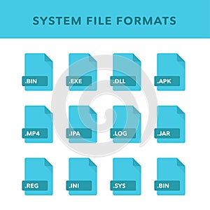 Set of system File Formats and Labels in flat icons style. Vector illustration