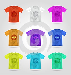 Set of t-shirt 3d realistic mock up, male t-shirt vector template front back view.