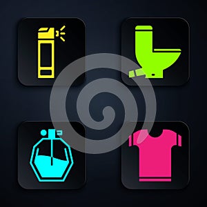 Set T-shirt, Bottle with nozzle spray, Perfume and Toilet bowl. Black square button. Vector