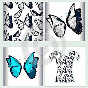 Set for t-shirt design seamless pattern the butterfly blue