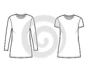 Set of T-shirt mini dresses technical fashion illustration with crew neck, long, short sleeves, oversized, Pencil full