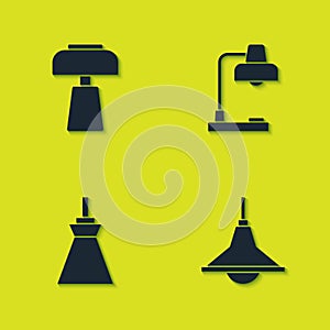 Set Table lamp, Chandelier, Lamp hanging and icon. Vector