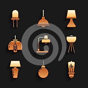 Set Table lamp, Lamp hanging, Light bulb, Floor, Chandelier, and emitting diode icon. Vector
