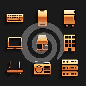 Set Table lamp, Radio, Server, Data, Web Hosting, House, Router and wi-fi signal, Laptop, Refrigerator and Keyboard icon