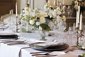 Set table for a party or wedding reception. Luxurious elegant table setting with white dishes and flowers