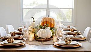 A set table, and on it pumpkins candles. Pumpkin as a dish of thanksgiving for the harvest