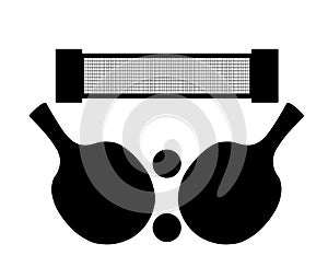 Set of table tennis racket, balls and net vector silhouette illustration isolated on white background.