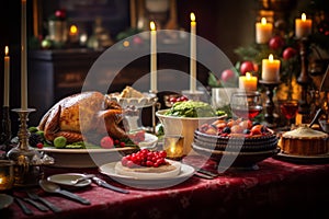 A set table with a vintage Christmas feast, complete with a roast turkey, plum pudding, and other classic dishes