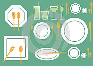 Set of table ware on green backgrounds,food backgrounds