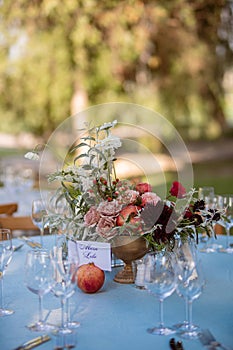 Set table at a wedding reception with floral centerpiece and candles