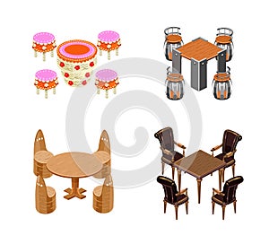 Set tables and chairs isolated. Cake, barrels, wooden. Isometry. Vector illustration.