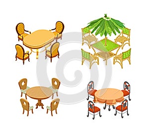 Set tables and chairs isolated. Hawaiian, classic, wooden. Isometry. Vector illustration.
