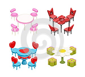 Set tables and chairs isolated. Romantic, furry, camomile, with a skull. Isometry. Vector illustration