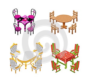 Set tables and chairs isolated. Wooden, gold, classic, New Year. Isometry. Vector illustration