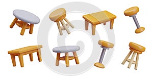 Set of tables and stools of various types. Dining and coffee table, barstool, round kitchen stool