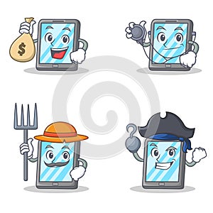 Set of tablet character with pirate farmer doctor money bag
