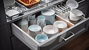 Set of tableware in kitchen drawers. Generative AI
