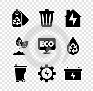 Set Tag with recycle, Trash can, House and lightning, Gear, Car battery, Plant and Label for eco healthy food icon