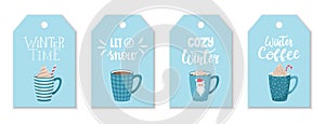 A set of tags with blue coffee and cocoa mugs with whipped cream and hand lettering on the theme of winter and coffee. Labels with